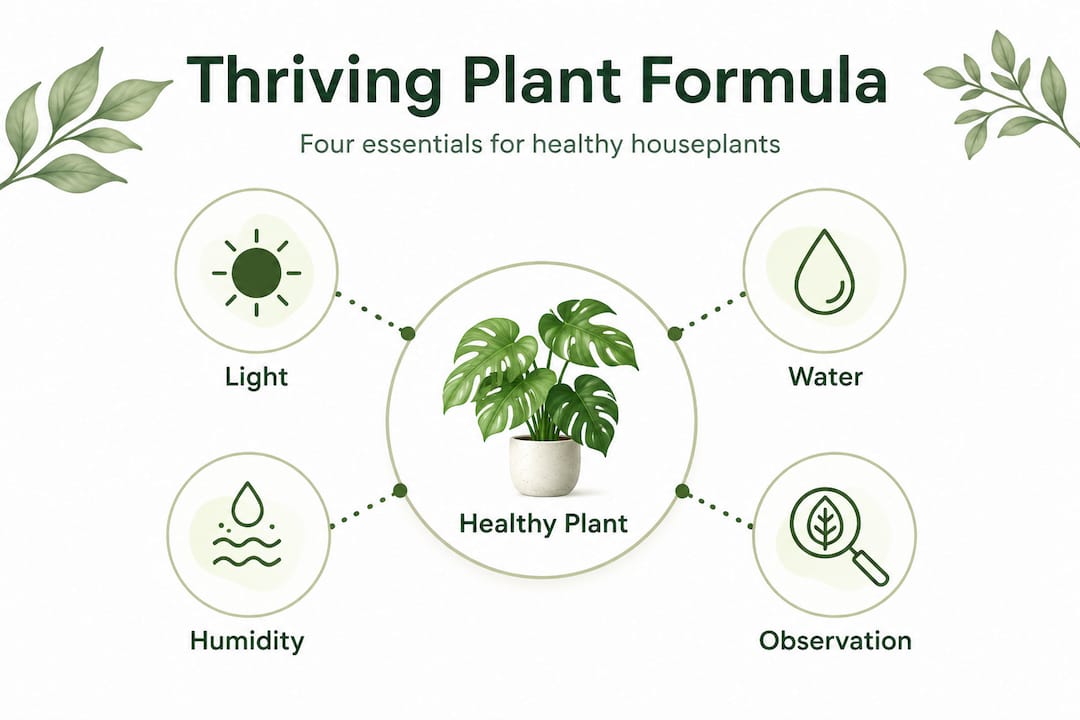 Hierarchy infographic summarizing indoor plant essentials