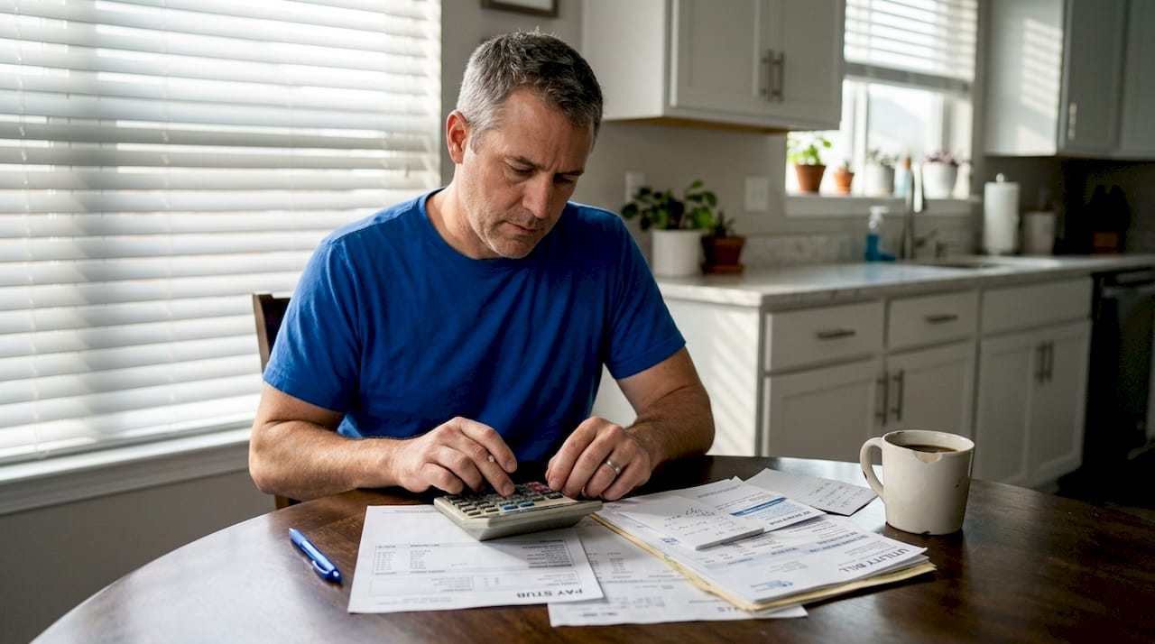Man calculating net income at kitchen table