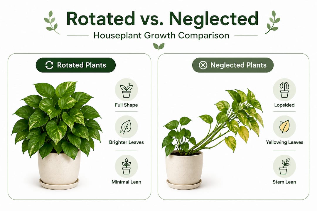 Infographic comparing rotated and neglected houseplants