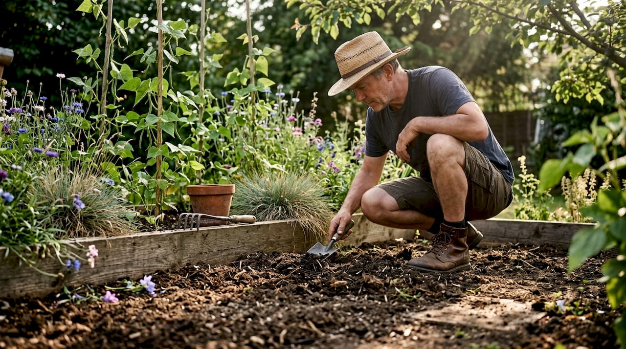 Examining soil in diverse backyard planting