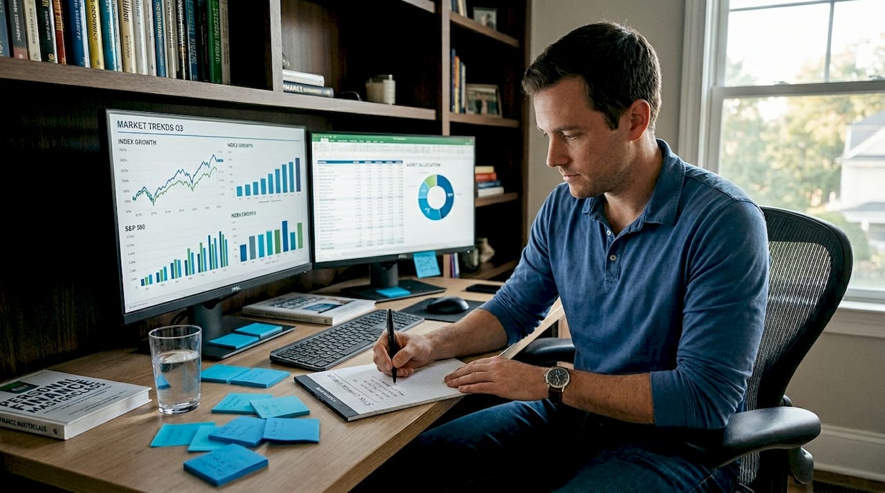 Man researching investments on dual computer screens