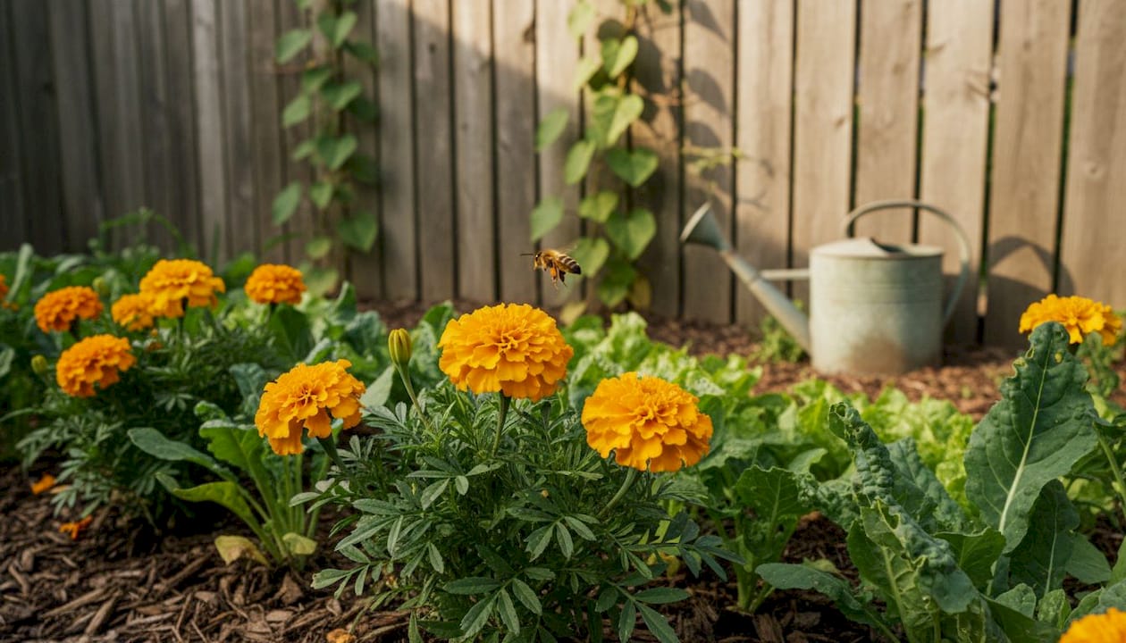 Bee pollinating flowers in mixed vegetable patch