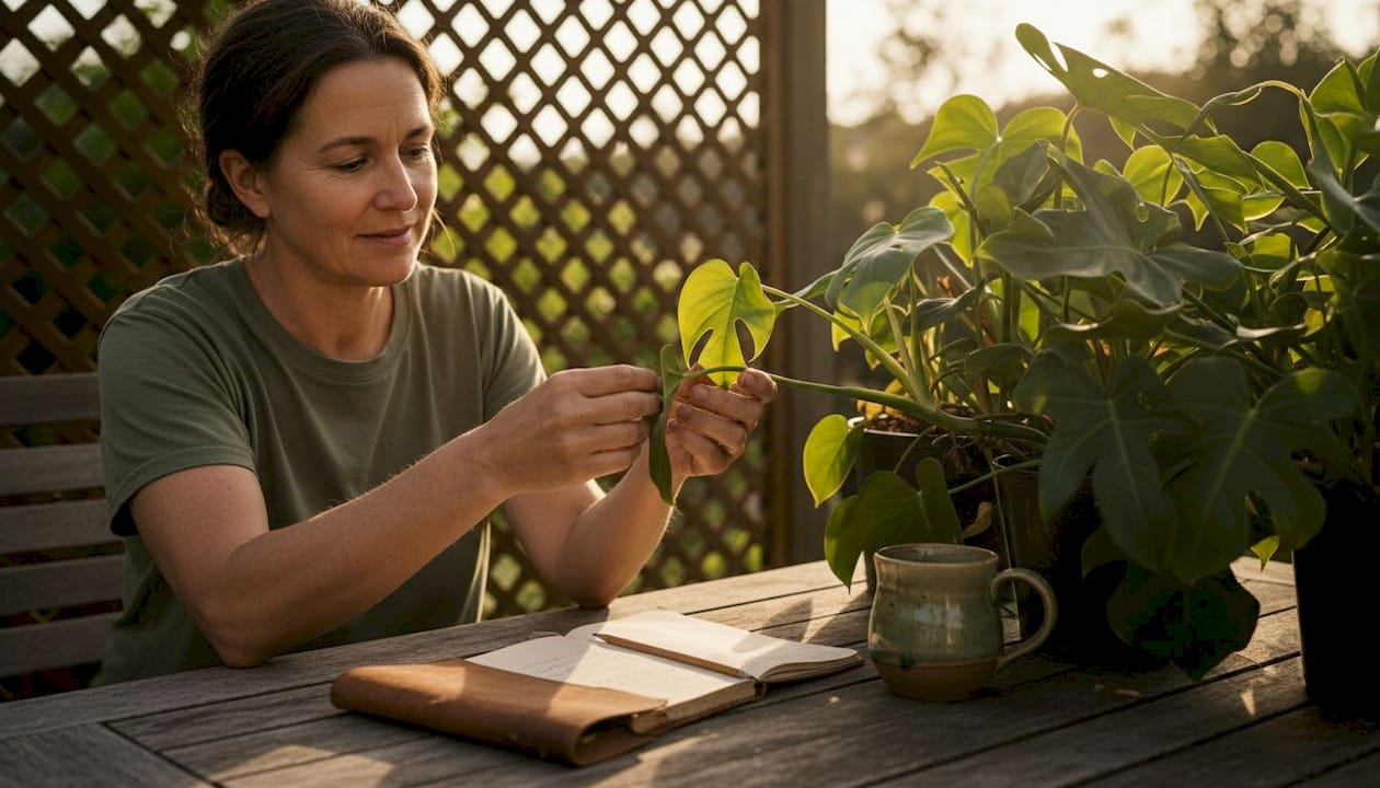 Person checking plant nodes on patio table