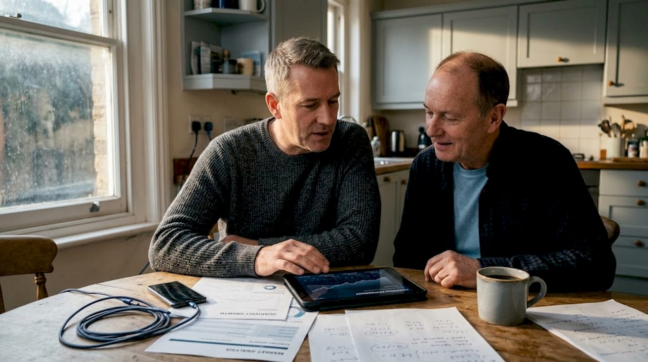 Two men discussing investments at kitchen table