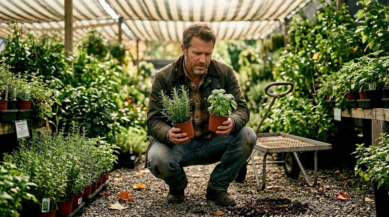 Home gardener selecting fresh herb seedlings