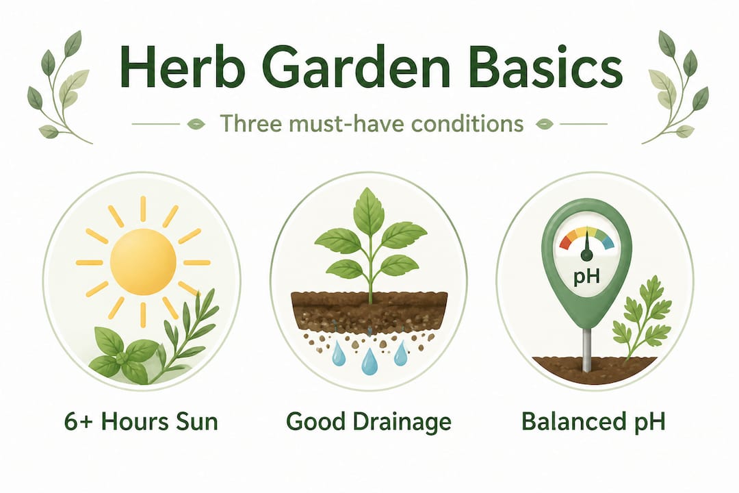Infographic outlining three essential herb garden conditions