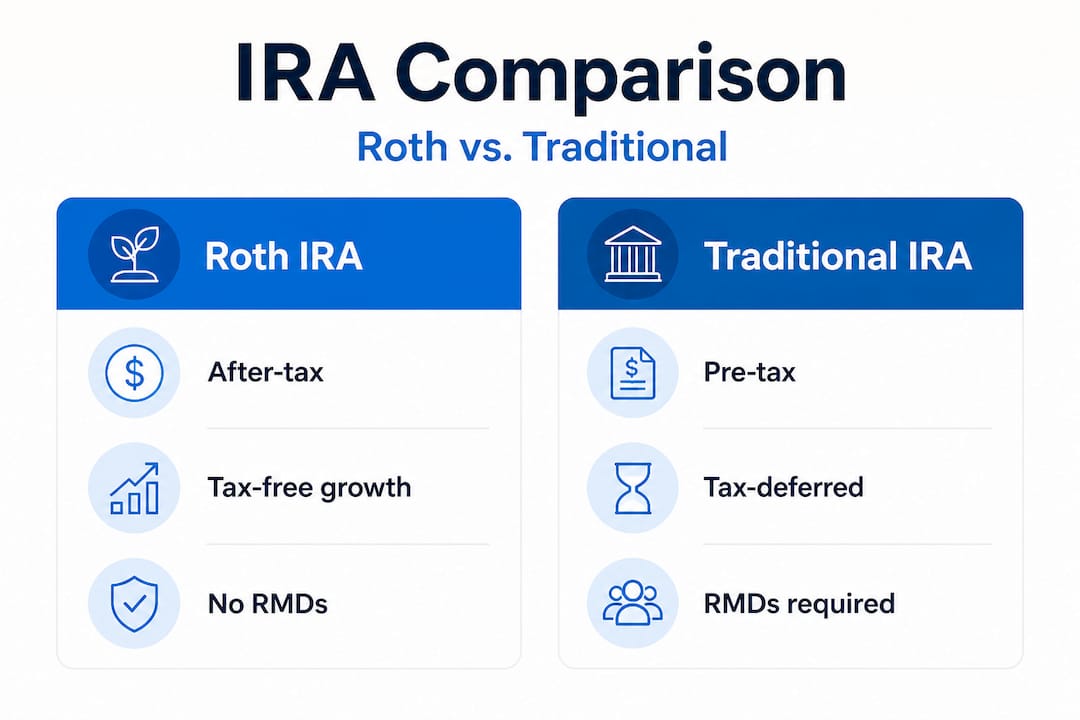 Infographic comparing Roth vs Traditional IRA features
