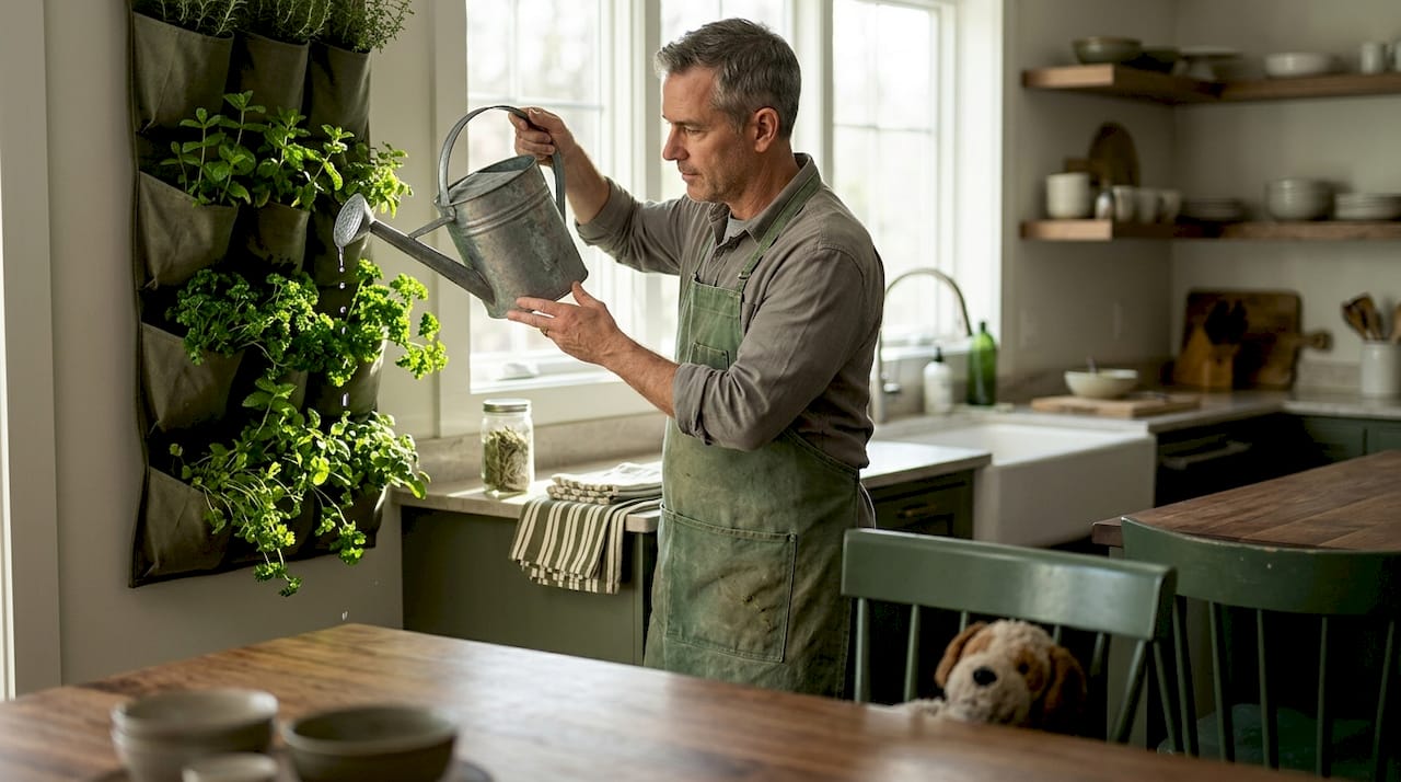 Person watering indoor vertical herb planters