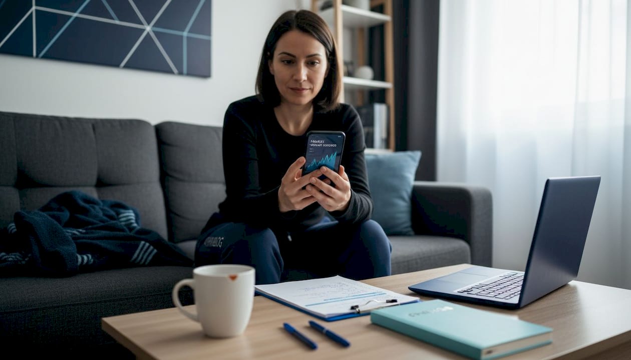 Woman checking investments on smartphone at home