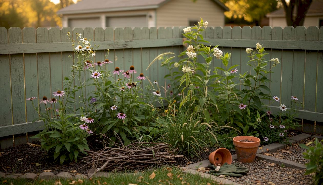 Native bee and plants in backyard habitat