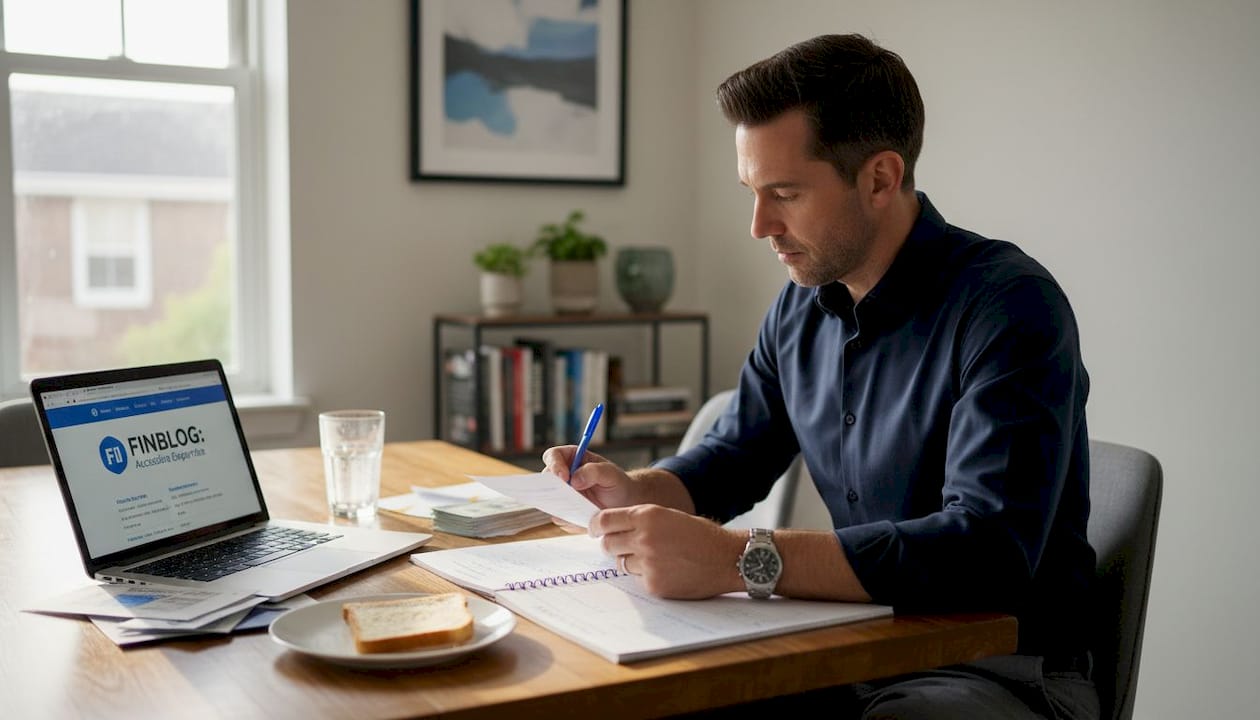 Man updating finances at dining table
