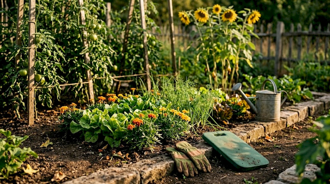 Garden bed with grouped healthy plants