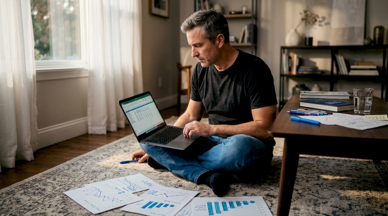 Man adjusting investment plan on living room floor
