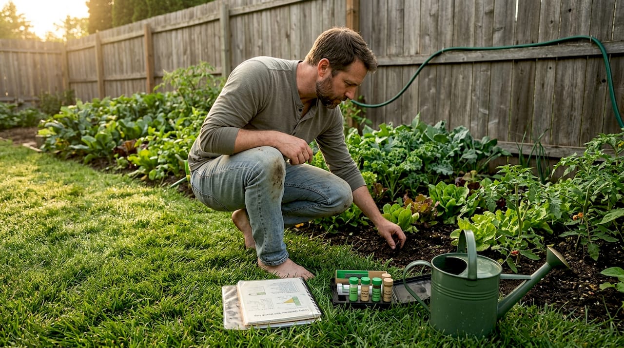 Home gardener checking soil and beds in yard