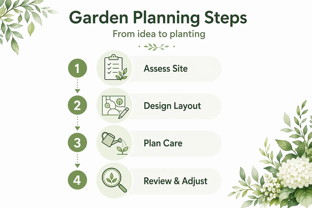 Infographic with four home garden planning steps