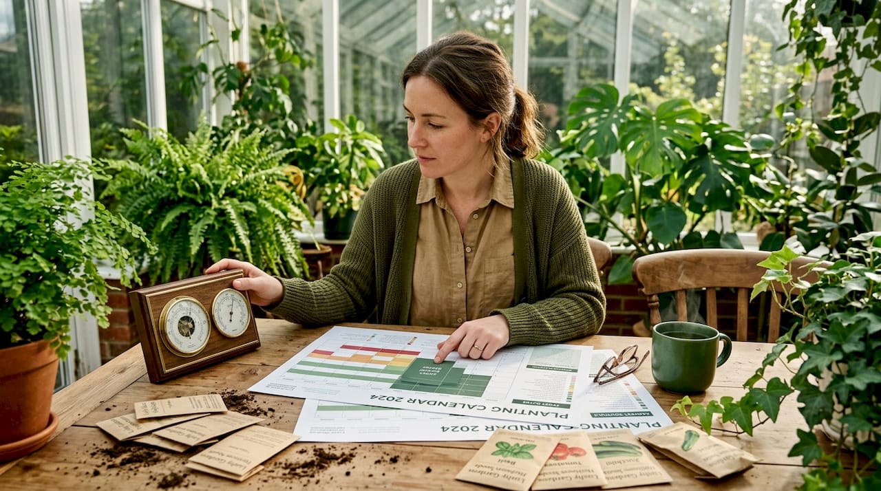 Person planning garden dates at kitchen table