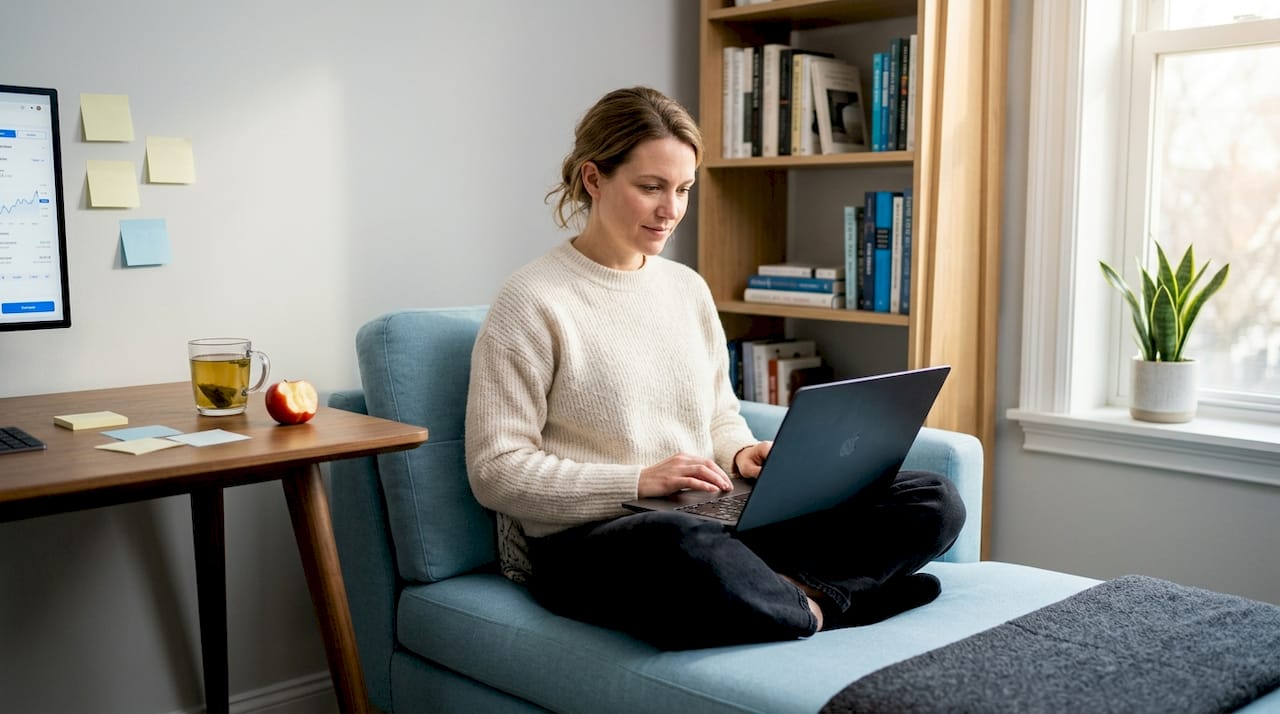Woman opening brokerage app on sofa