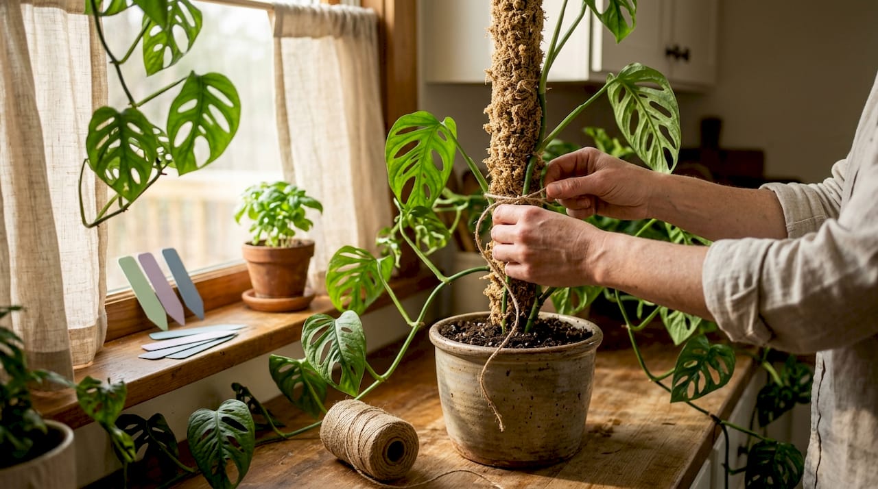 Hands tying Monstera to moss pole inside