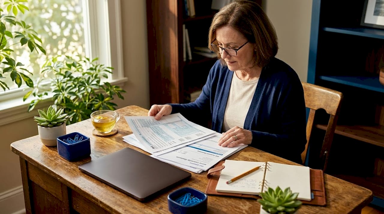 Woman sorting retirement tax paperwork at desk
