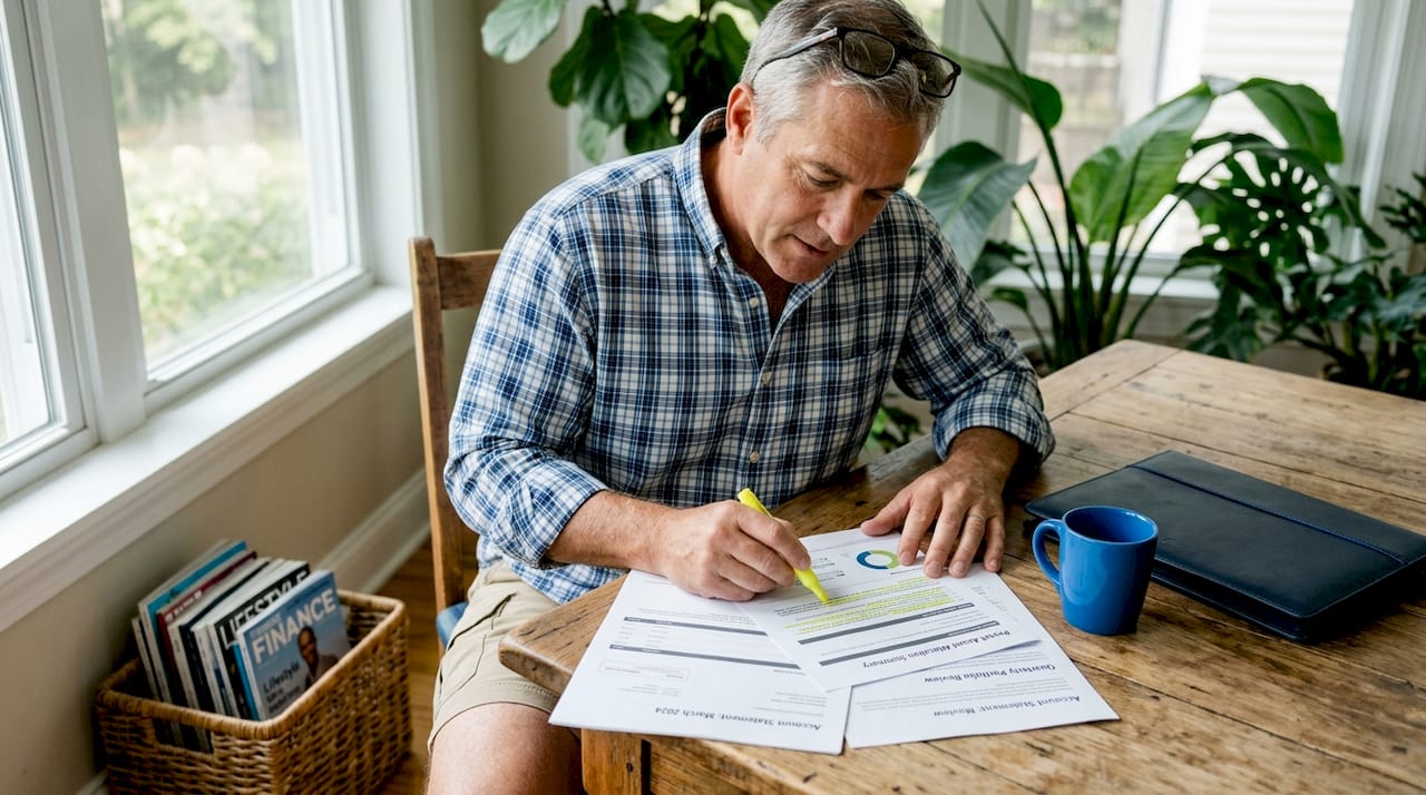 Investor organizing portfolio papers in kitchen