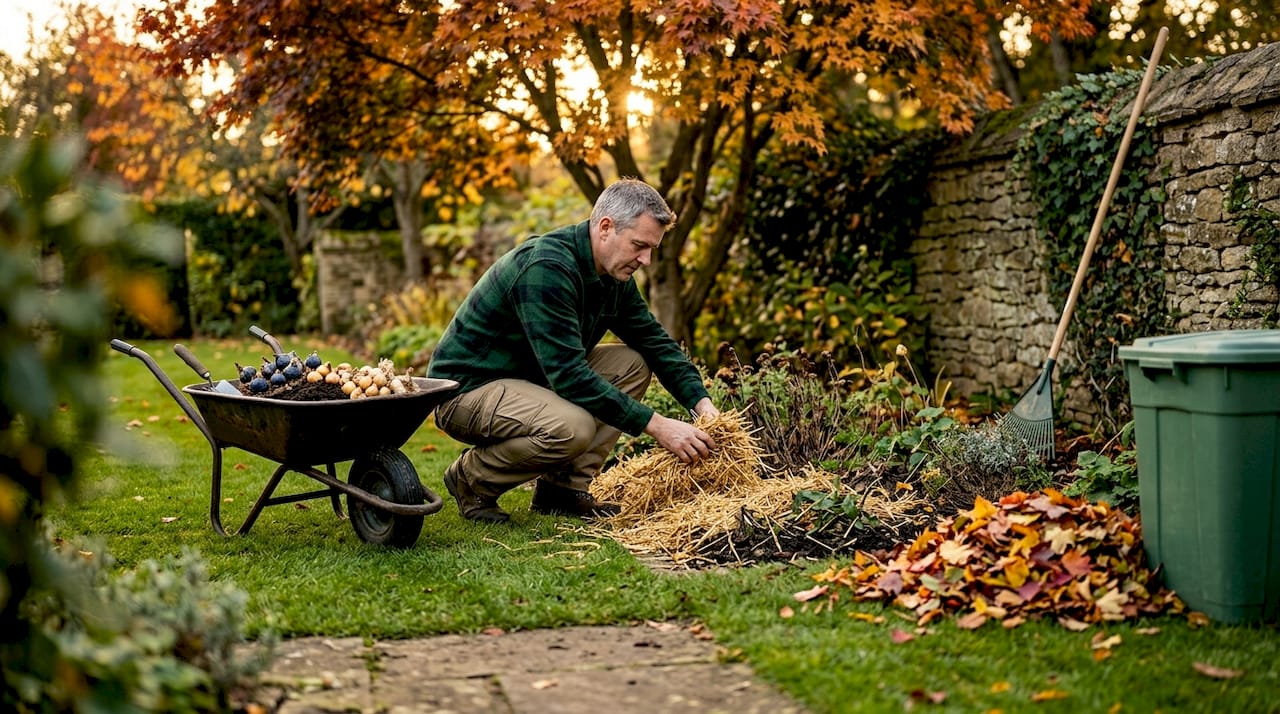 Mulching flower beds for fall garden prep