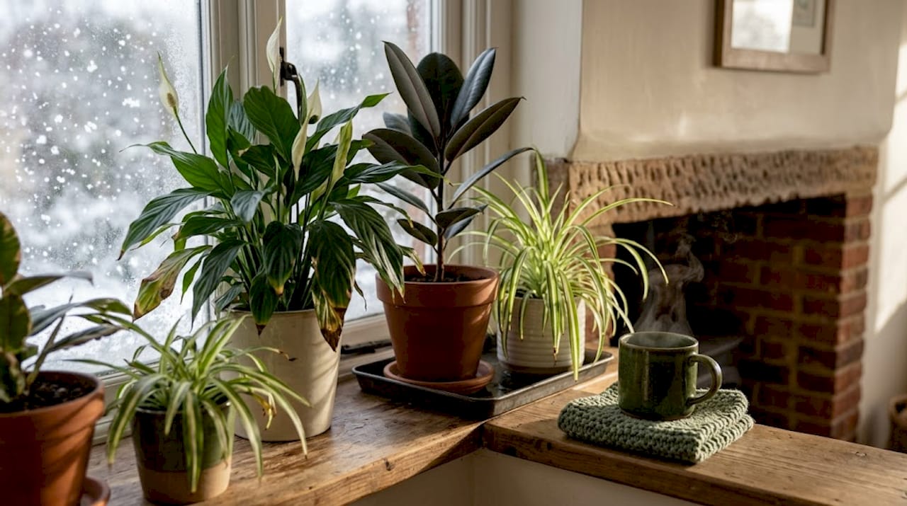 Houseplants grouped on windowsill in winter
