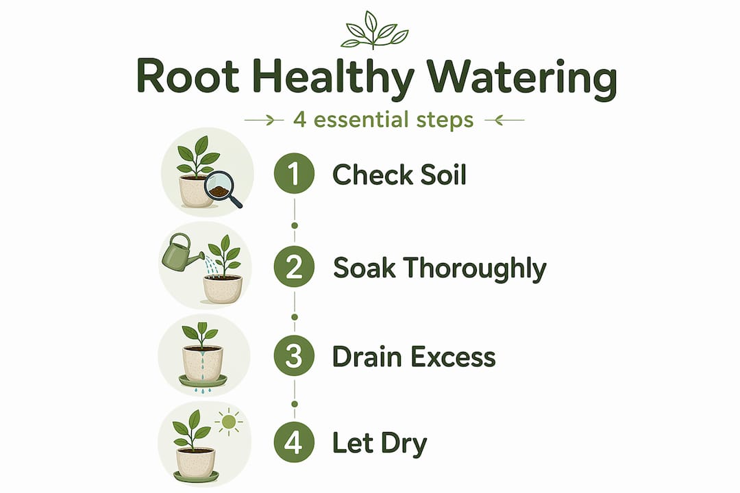 Infographic visualizing correct houseplant watering steps