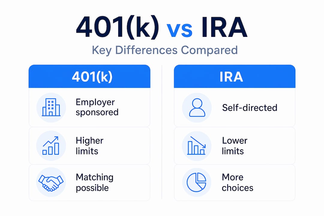 401k versus IRA differences infographic