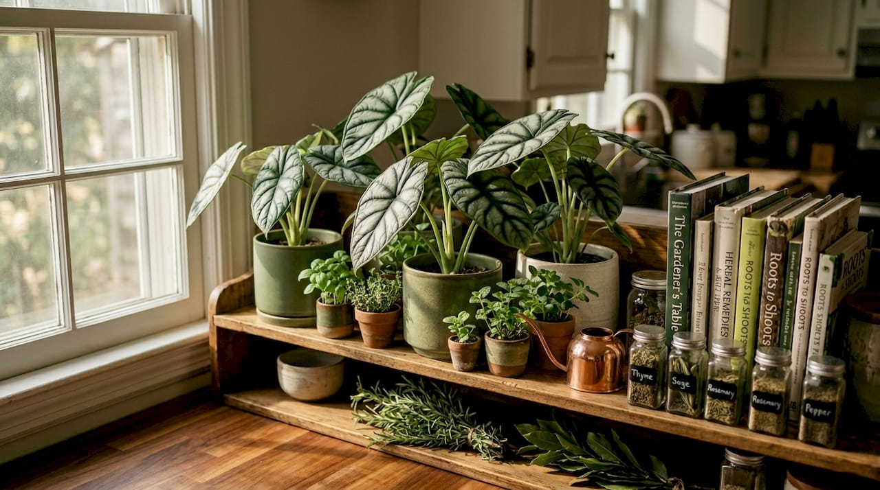 Alocasia Silver Dragon plants on window shelf