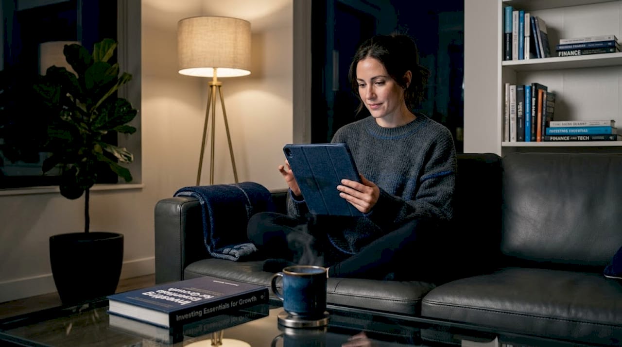 Woman making digital investment from living room