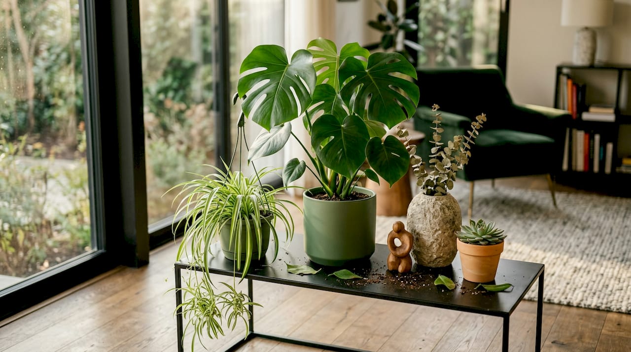 Cluster of houseplants grouped on console table