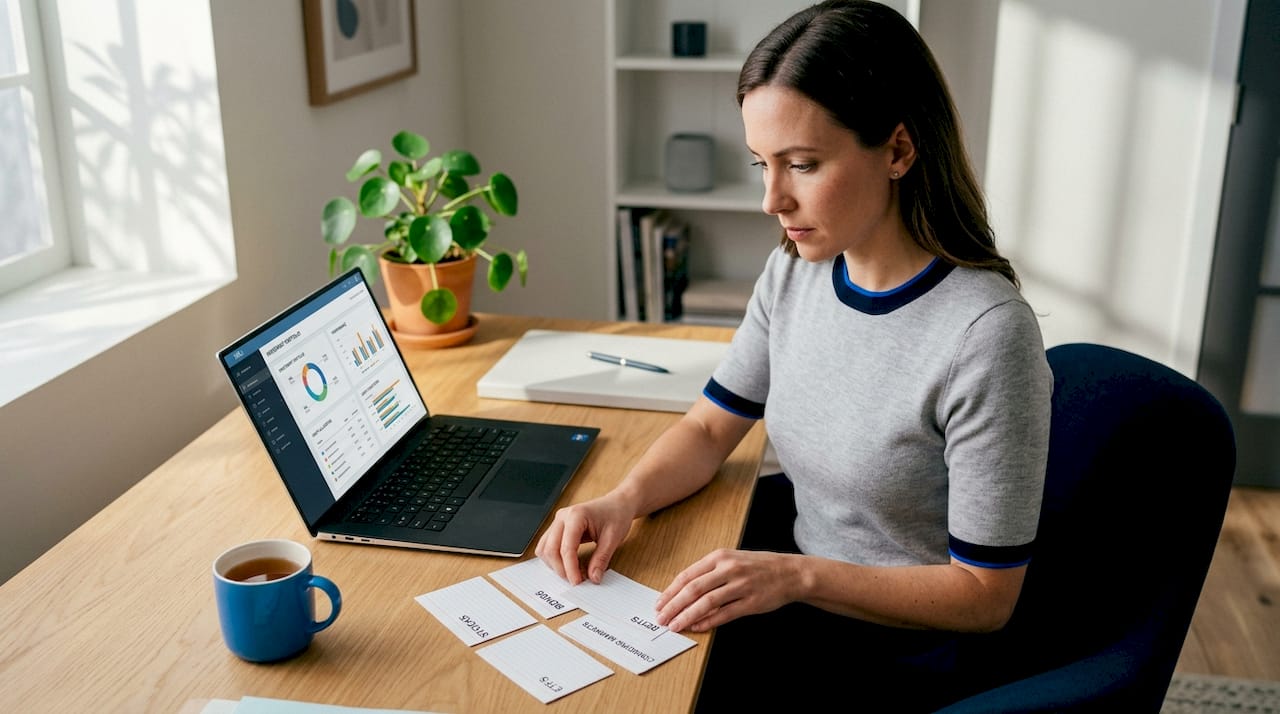 Woman sorting asset cards at kitchen table