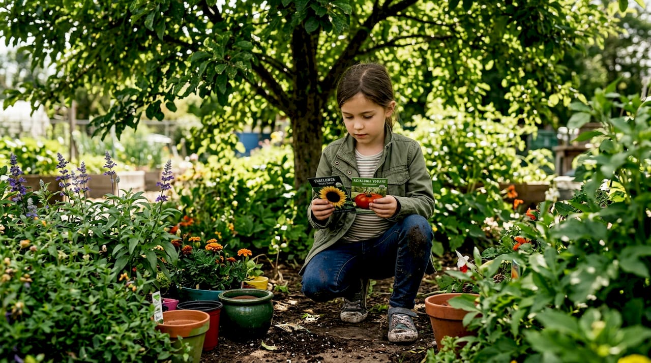 Child selecting seeds at garden center