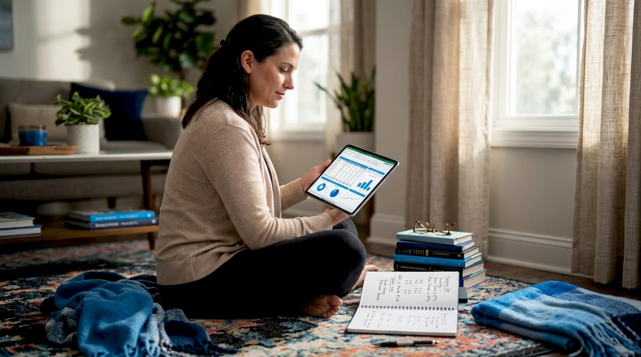 Woman rebalancing investments at home