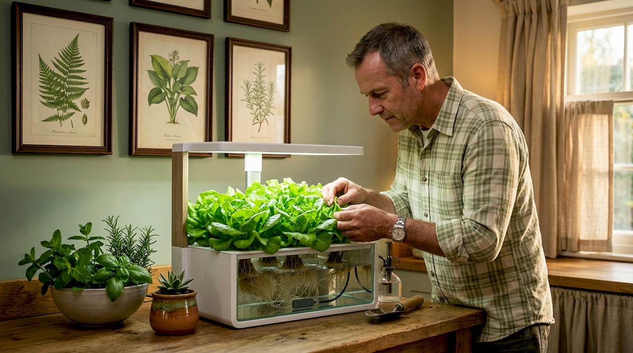 Examining lettuce in home hydroponic system