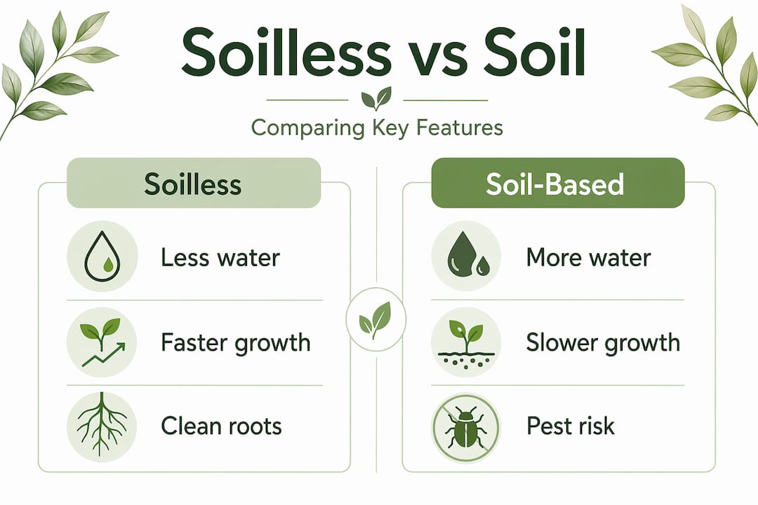 Infographic comparing soilless and soil gardening