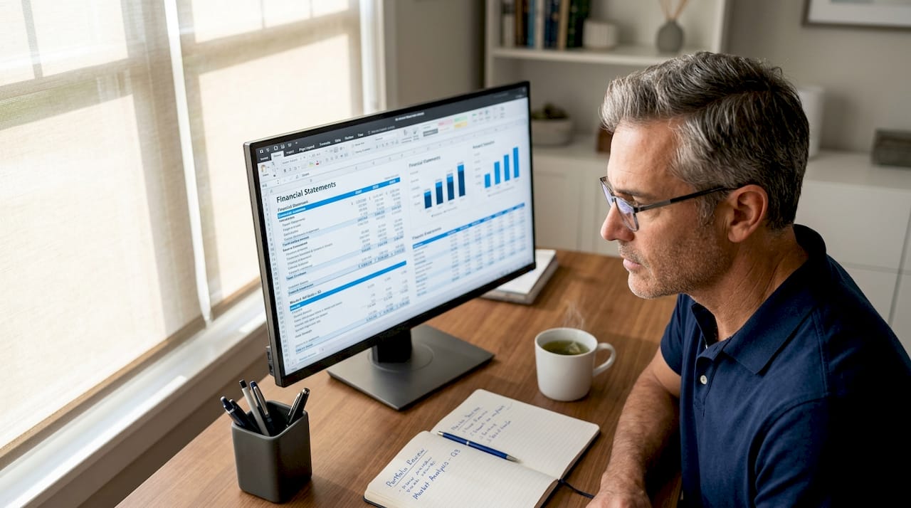Man checks financial statements at home office desk