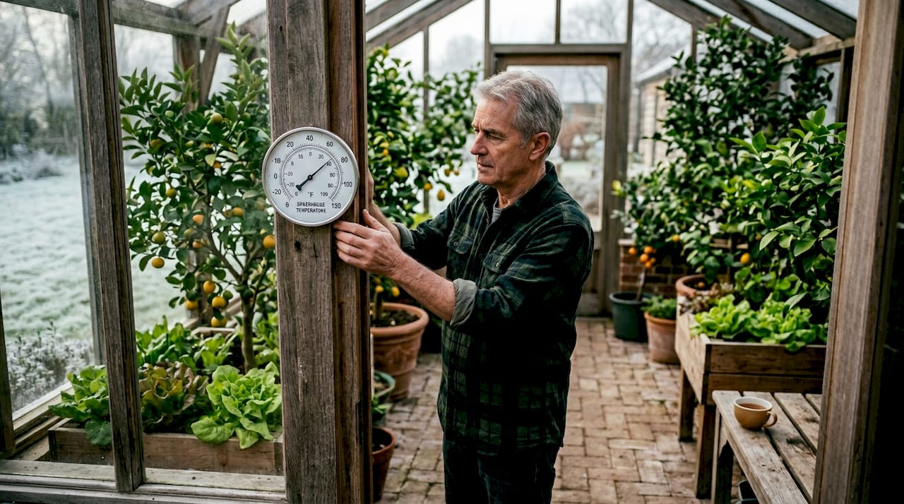 Winter greenhouse plants and gardener monitoring temperature