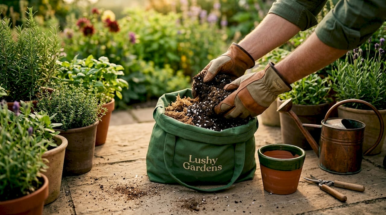 Hands mixing potting soil for houseplants