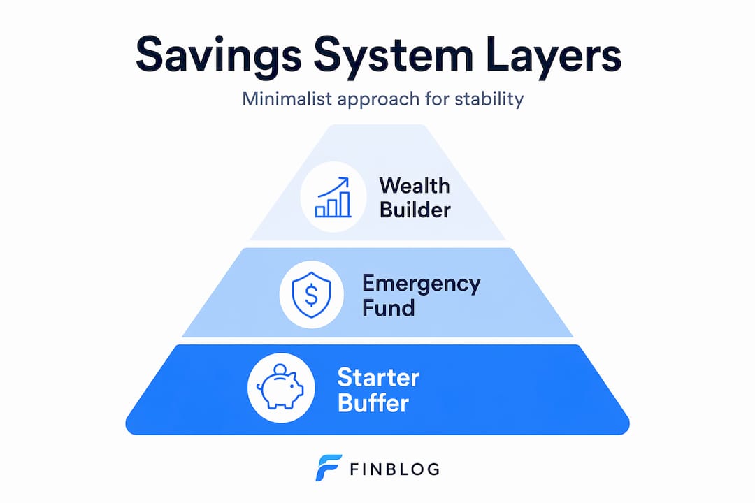 Infographic pyramid showing three minimalist savings layers