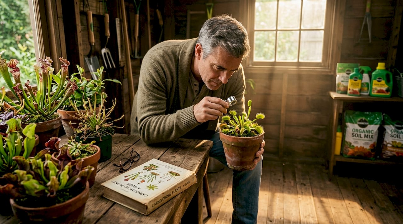 Person examining carnivorous plants at table