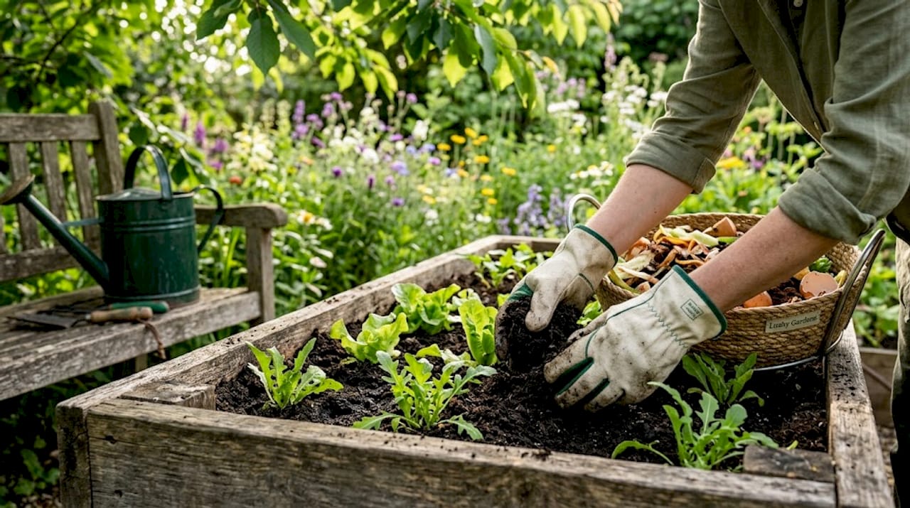 Compost being spread in raised bed garden