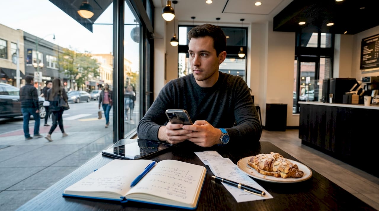 Man using smartphone for stock trading in café