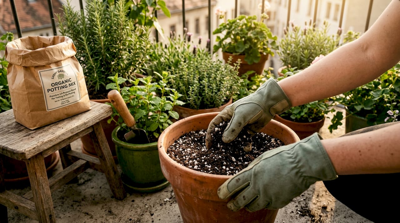Hands mixing perlite into potting mix