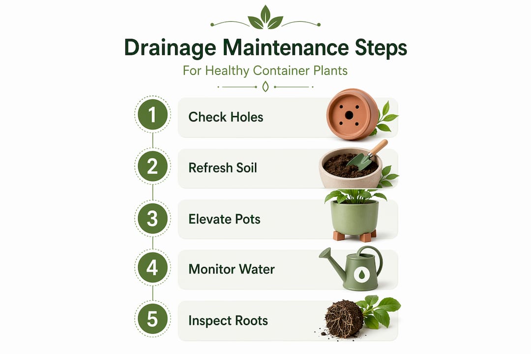 Infographic showing five steps to maintain container drainage