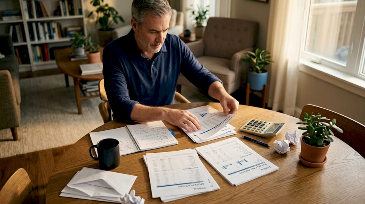 Man organizing diversified portfolio papers