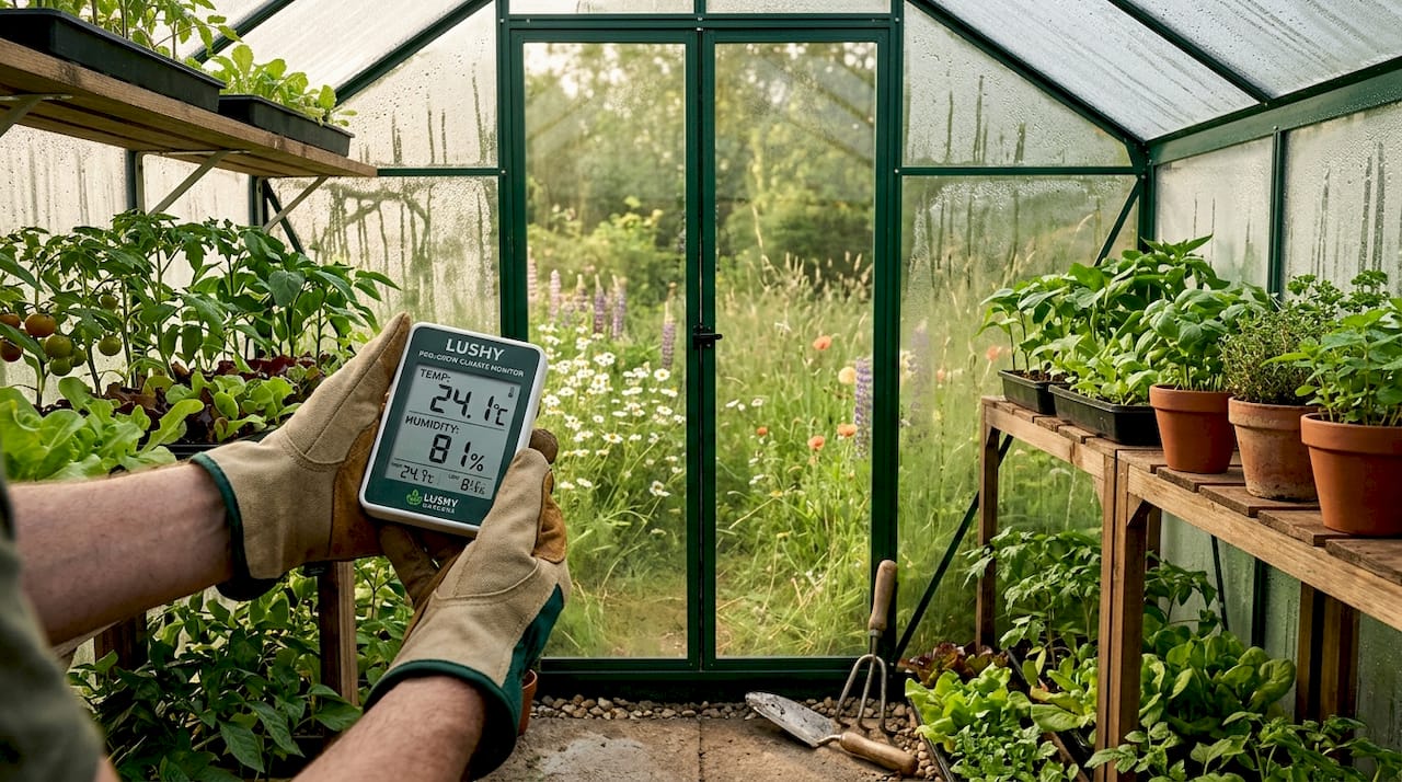 Hands checking temperature in mini greenhouse