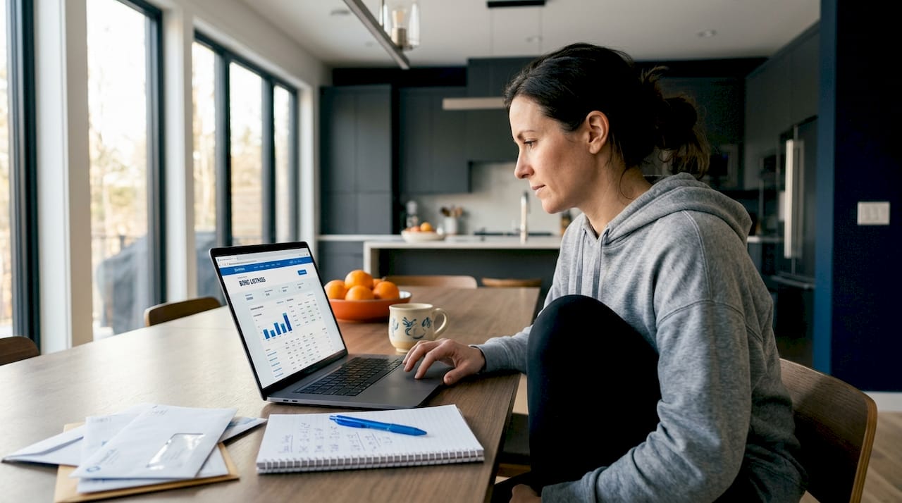 Woman researching bond yields in kitchen