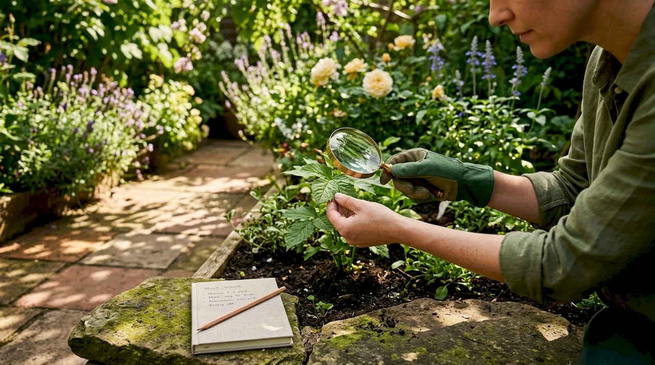Hands inspecting plant leaves for pests