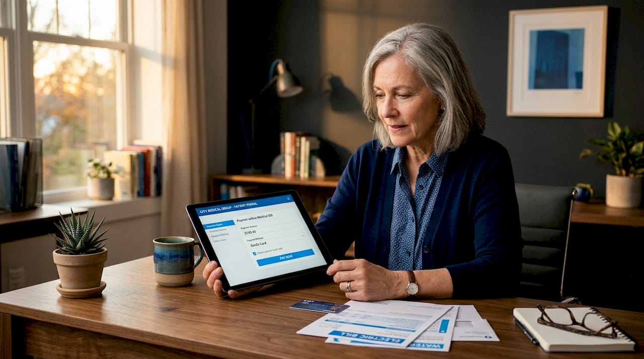 Older woman paying bills on sofa